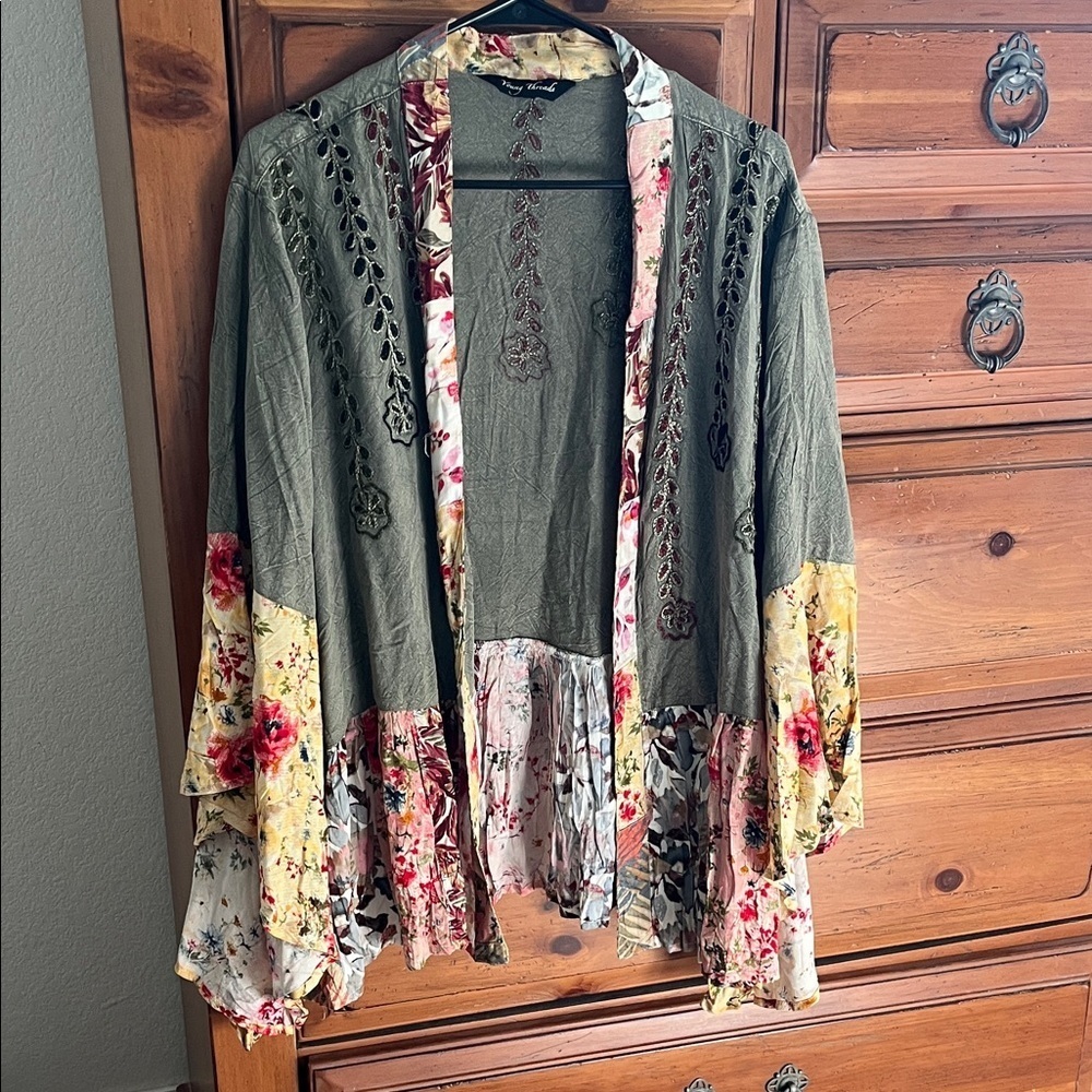 Young Threads Floral Patchwork Open Front Cardigan With Embroidery NWOT